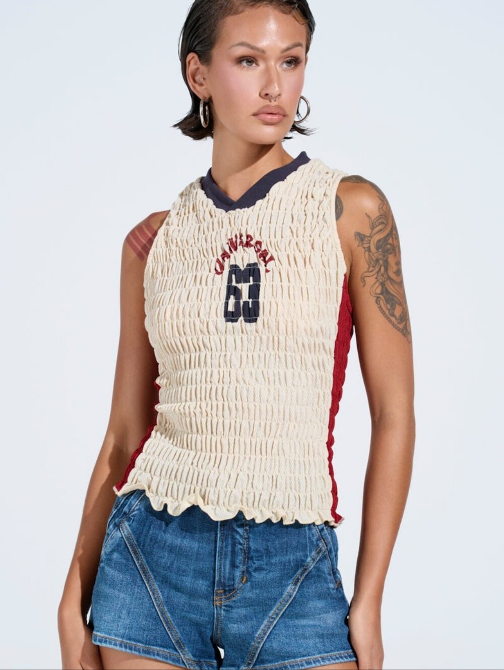 AKIRA Cream Smocked Tank with Red Side Panels and Navy Trim
